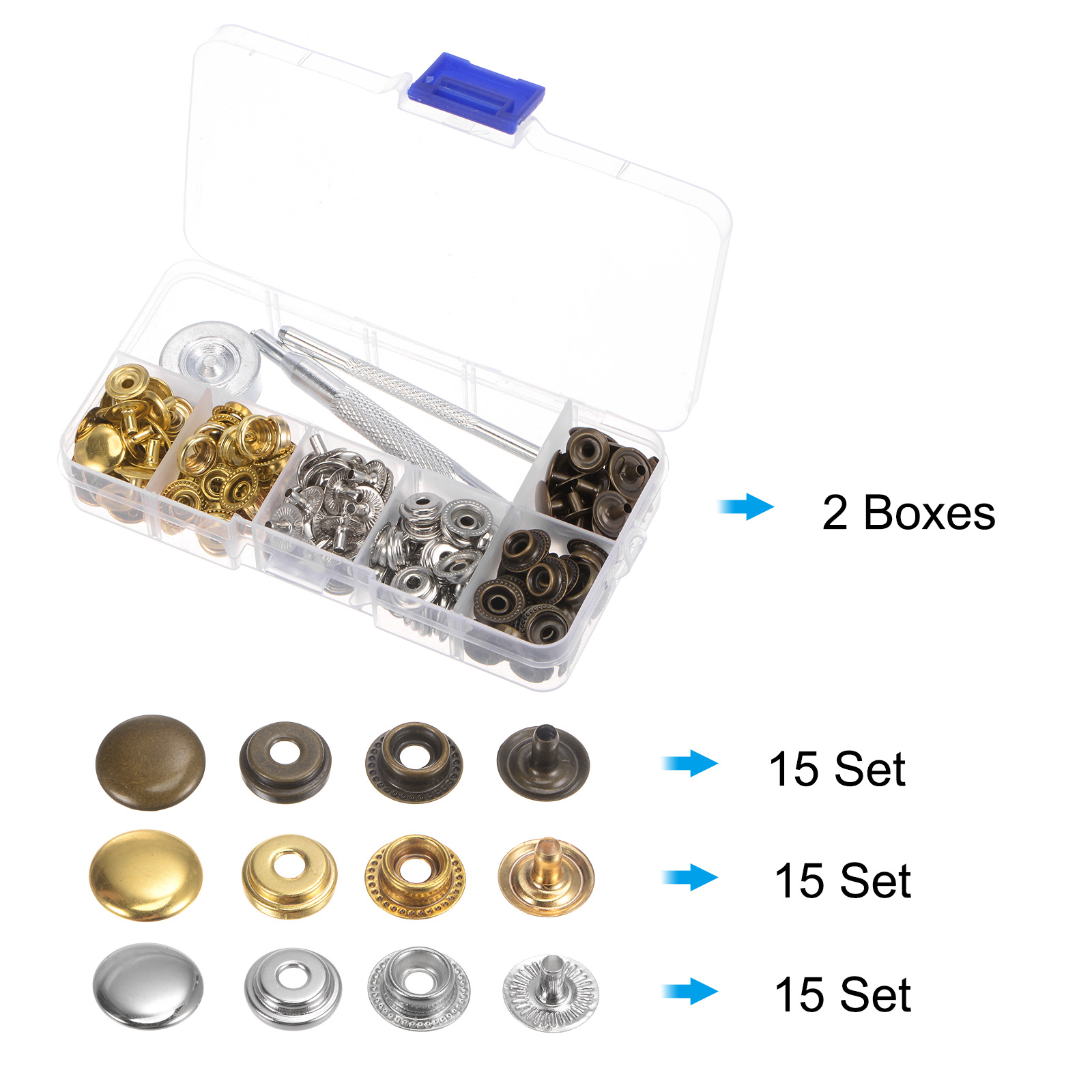 Unique Bargains 2 Boxes 45 Sets/Box Snap Fasteners Kit with 3 Setter Tools & Storage Box