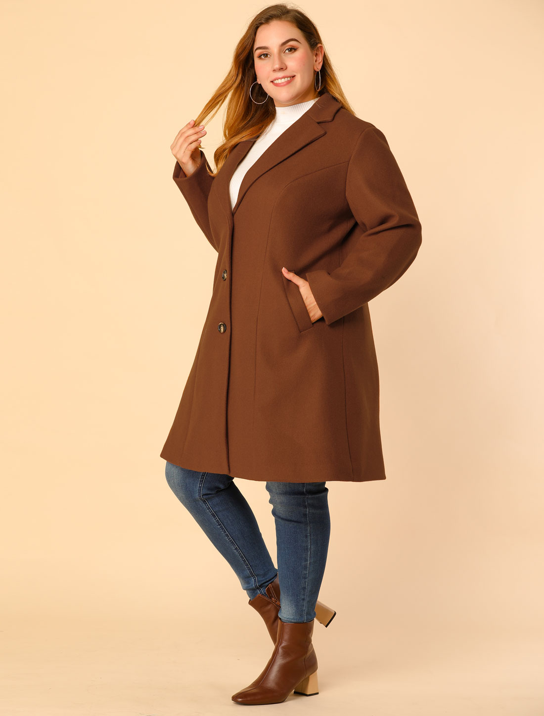 Unique Bargains Agnes Orinda Women's Plus Size Winter Coats Elegant Notched Lapel Single Breasted Coat