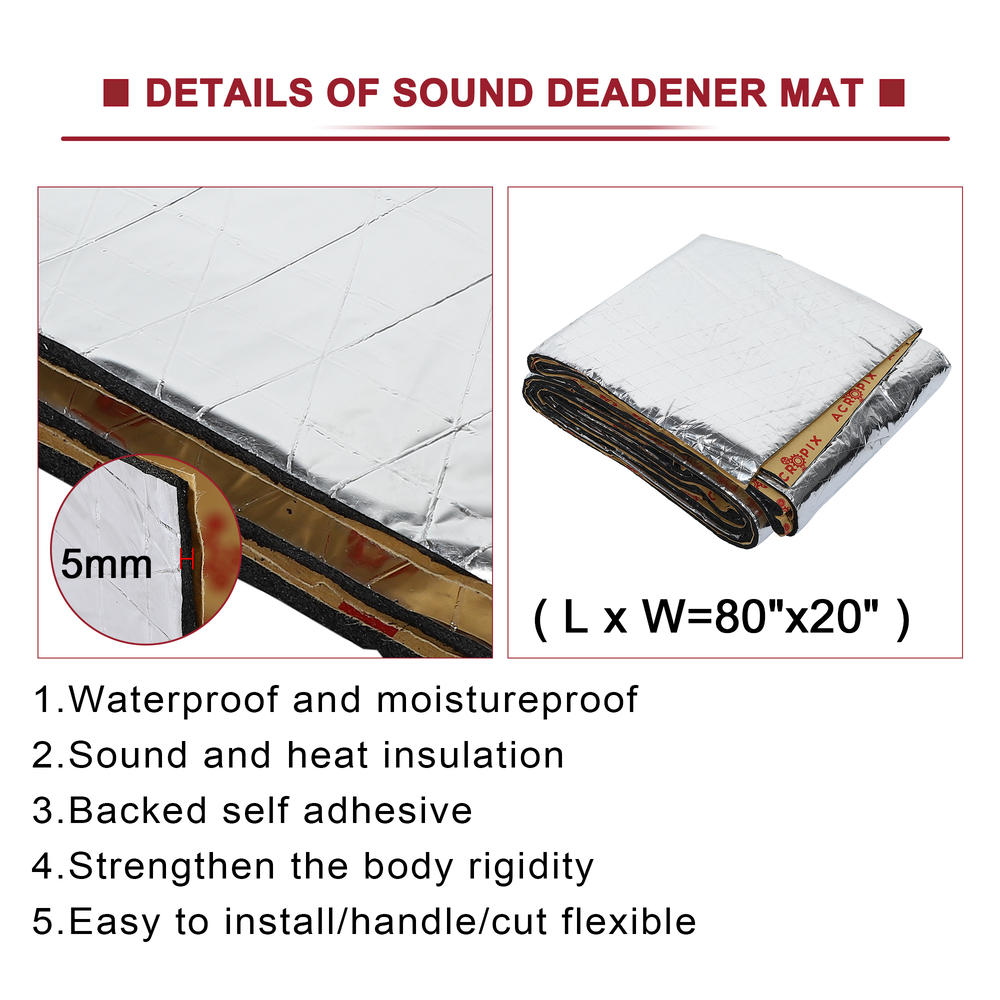Unique Bargains 197mil 10.9sqft Car Firewall Hood Heat Sound Deadener Insulation Mat 80"x20"