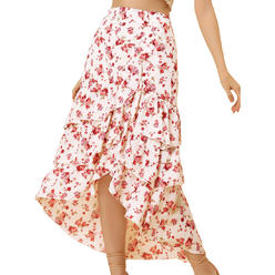 Unique Bargains Women's High Low Ruffle Hem Skirt Elastic Waisted Ruched Floral Maxi Tiered Skirt