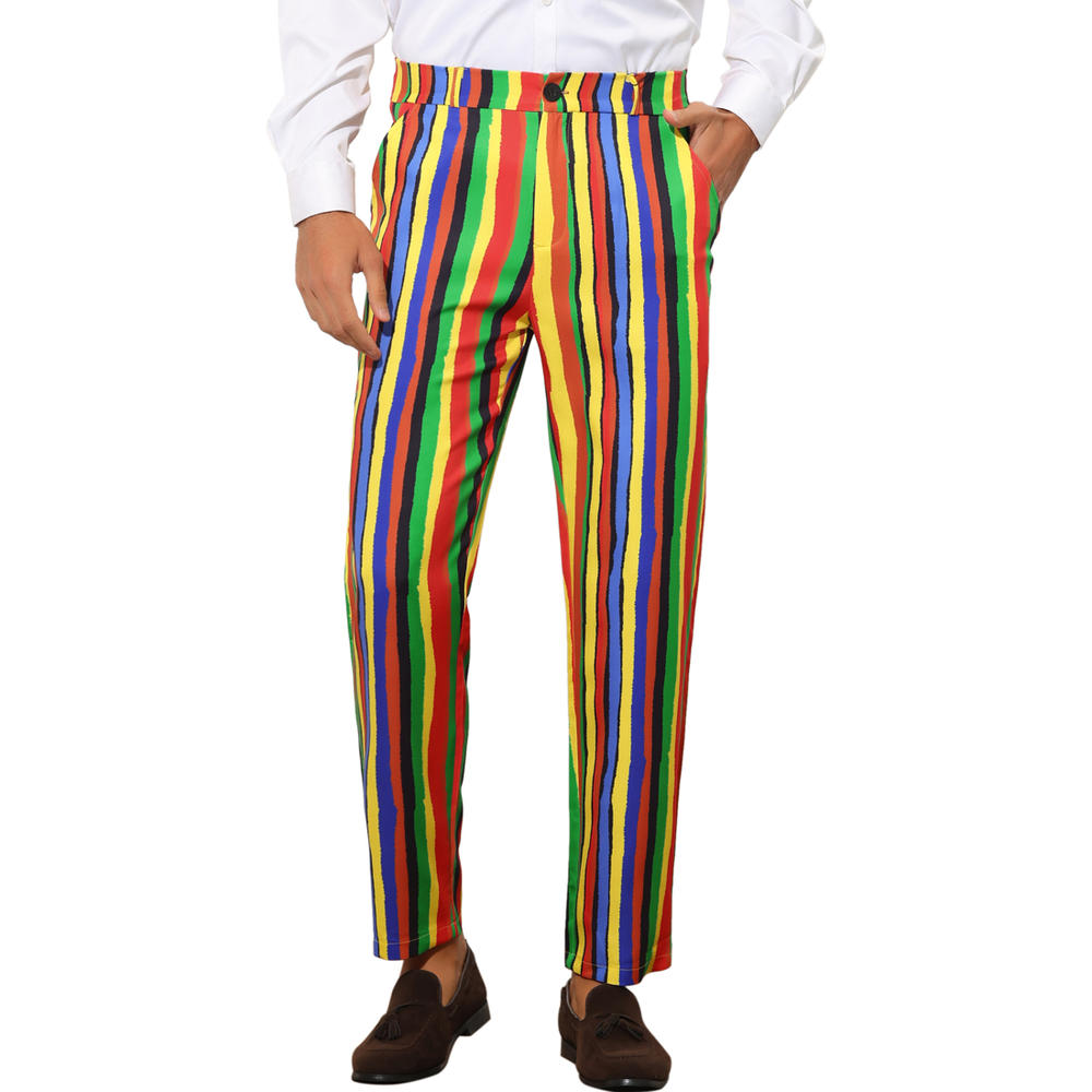 Unique Bargains Striped Dress Pants for Men's Regular Fit Flat Front Color Block Rainbow Stripe Trousers