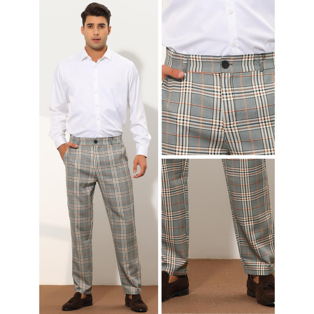 Unique Bargains Checked Pattern Dress Pants for Men's Flat Front Straight Fit Plaid Formal Trousers