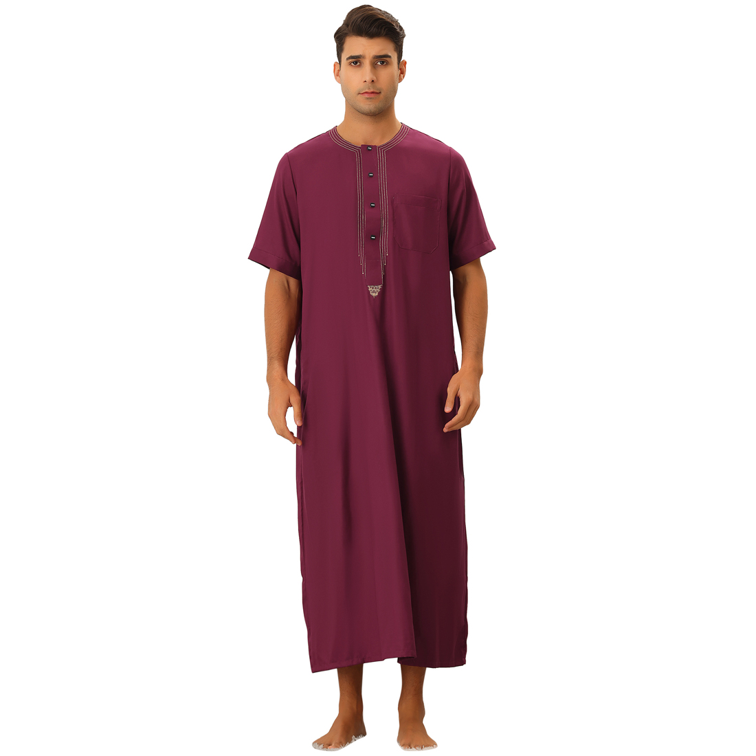 Unique Bargains Loose Fit Night Gown for Men's Solid Color Short Sleeves Button Pajamas Sleepshirt