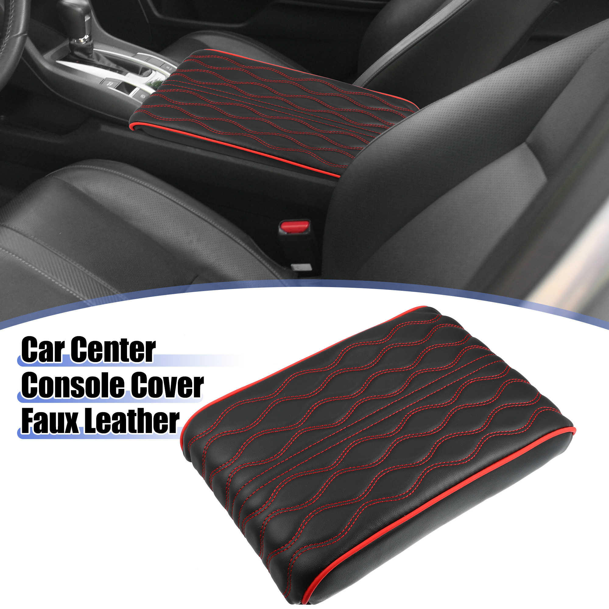 Unique Bargains Auto Car Armrest Cushion Cover Center Console Box Pads Waterproof Black Red