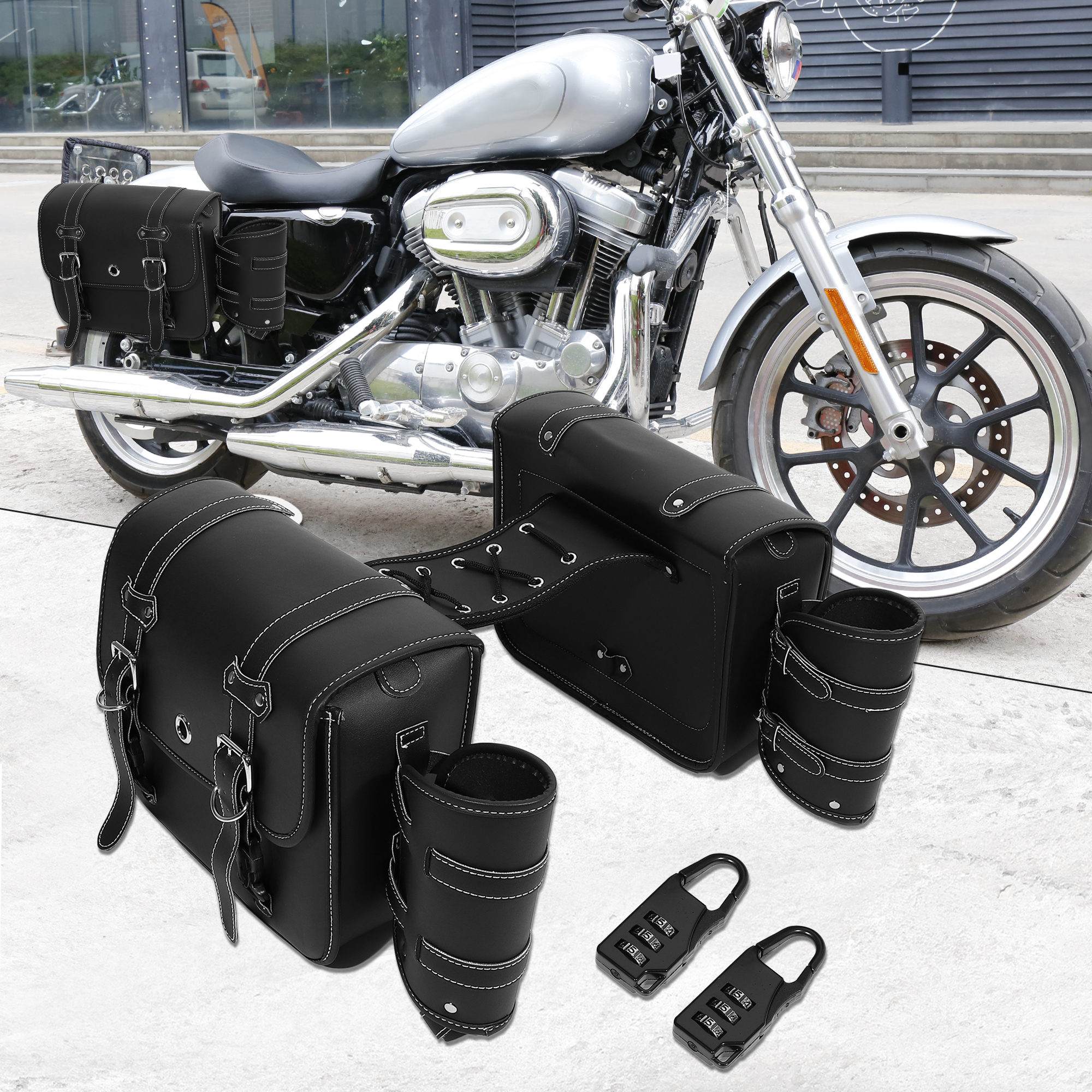 Unique Bargains 1 Pair Motorcycle Saddlebag Handlebar Bags Adjustable Buckles Black