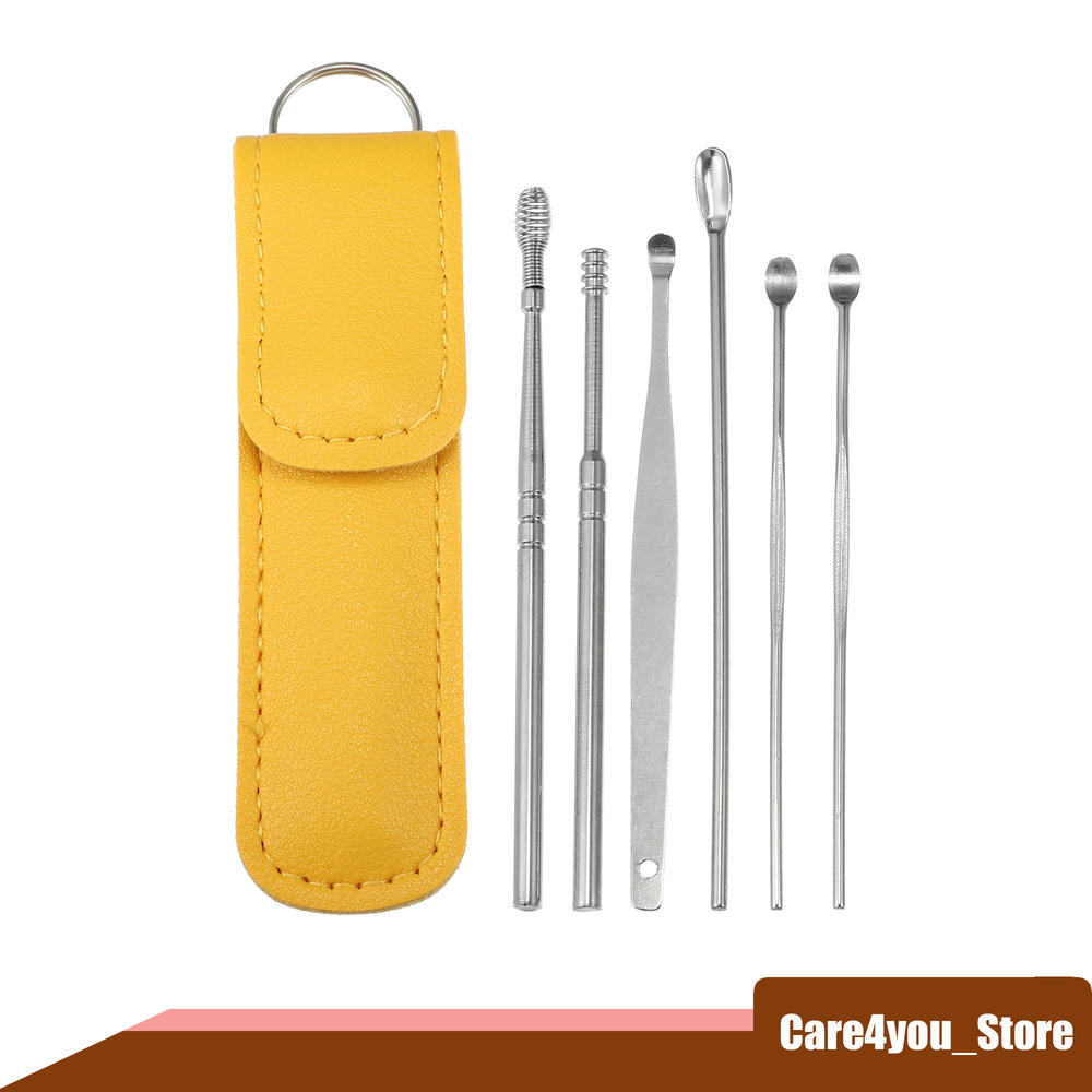 Unique Bargains 6Pcs Stainless Steel Ear Cleansing Tool Set with Faux Leather Packaging Yellow