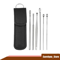 Unique Bargains 6Pcs Stainless Steel Ear Cleaner Ear Care Set, with Faux Leather Packaging Black