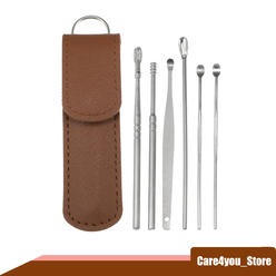 Unique Bargains 6Pcs Stainless Steel Ear Cleaner Ear Care Set with Faux Leather Packaging Brown