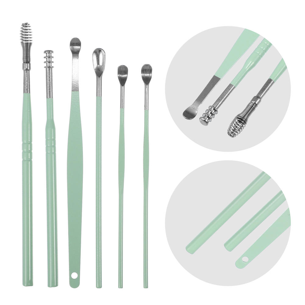 Unique Bargains 6Pcs Stainless Steel Ear Cleansing Tool Set with Faux Leather Packaging Green