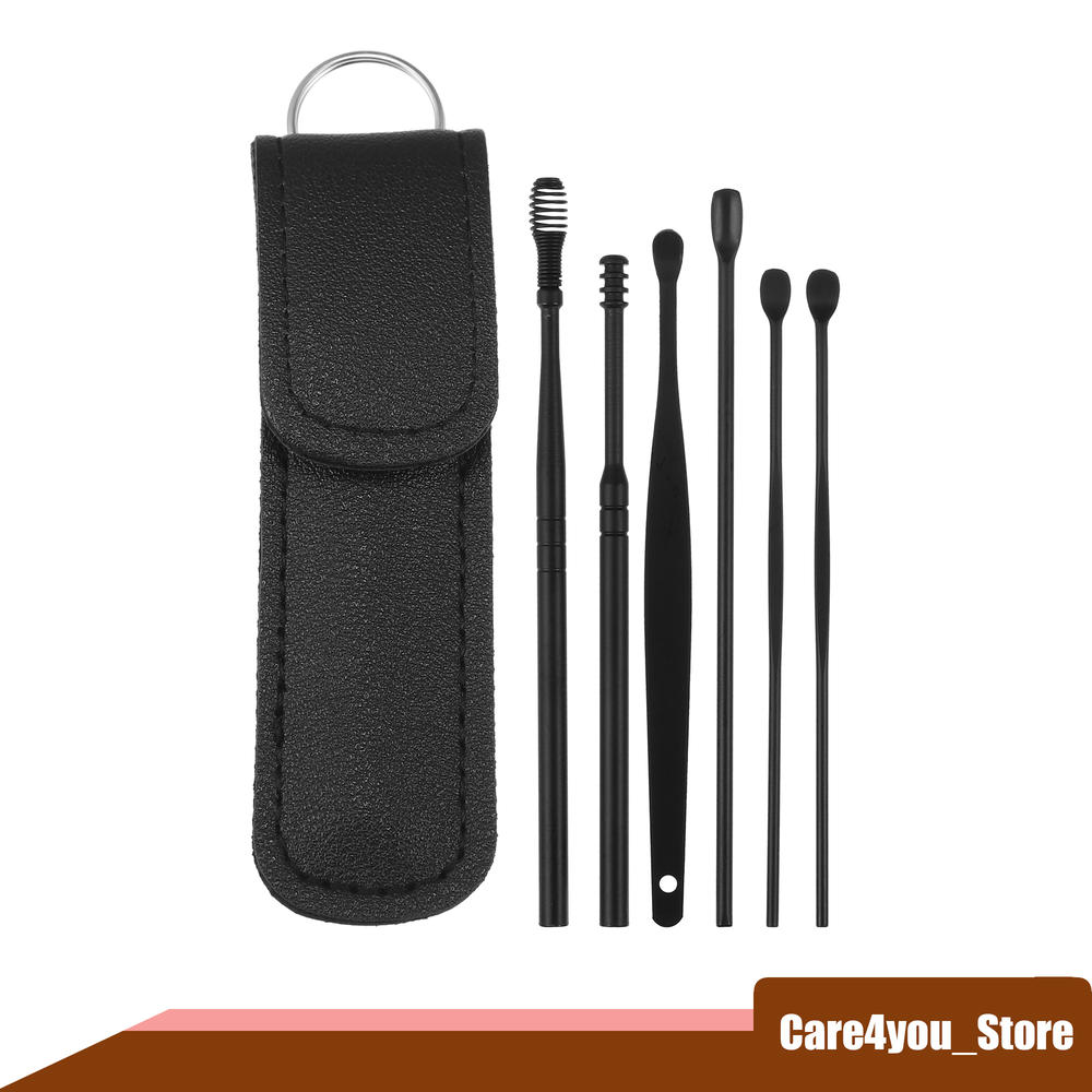 Unique Bargains 6Pcs Stainless Steel Ear Cleansing Tool Set with Faux Leather Packaging Black