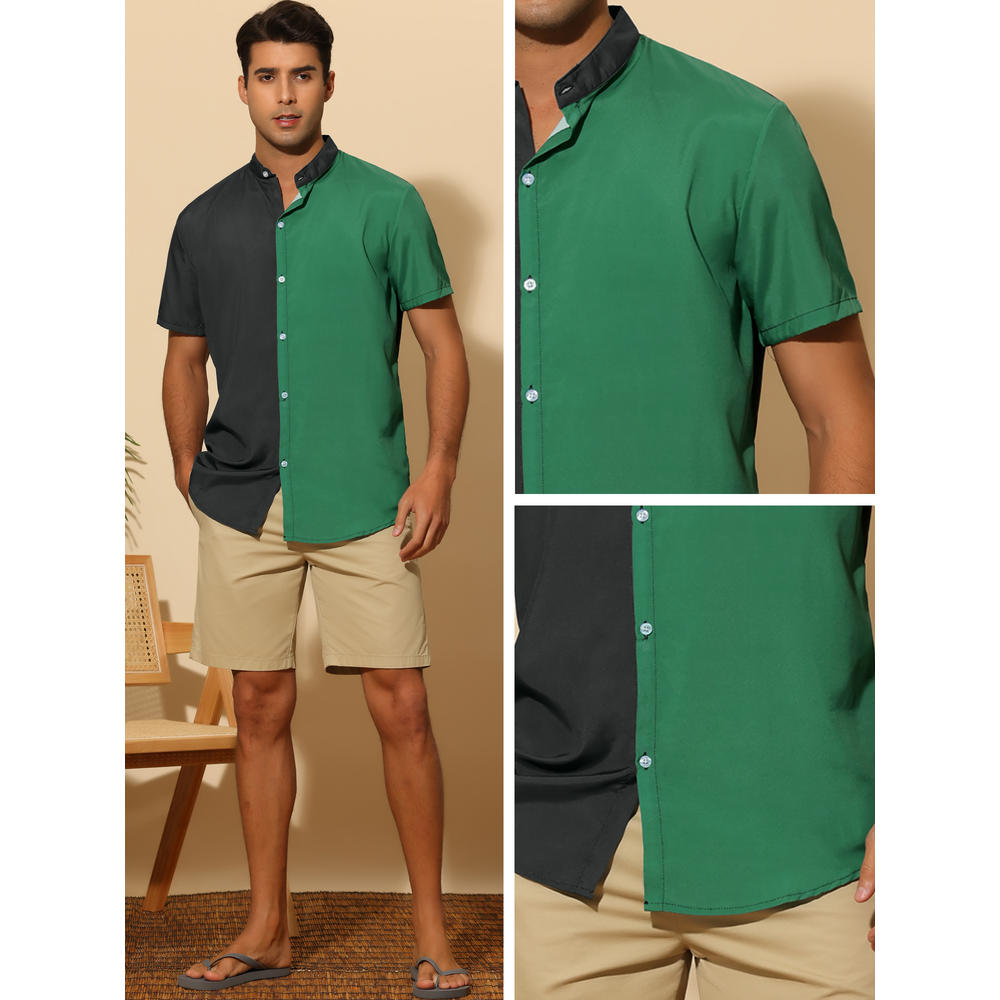 Unique Bargains Hawaiian Shirts for Men's Summer Stand Collar Short Sleeves Button Down Beach Shirts