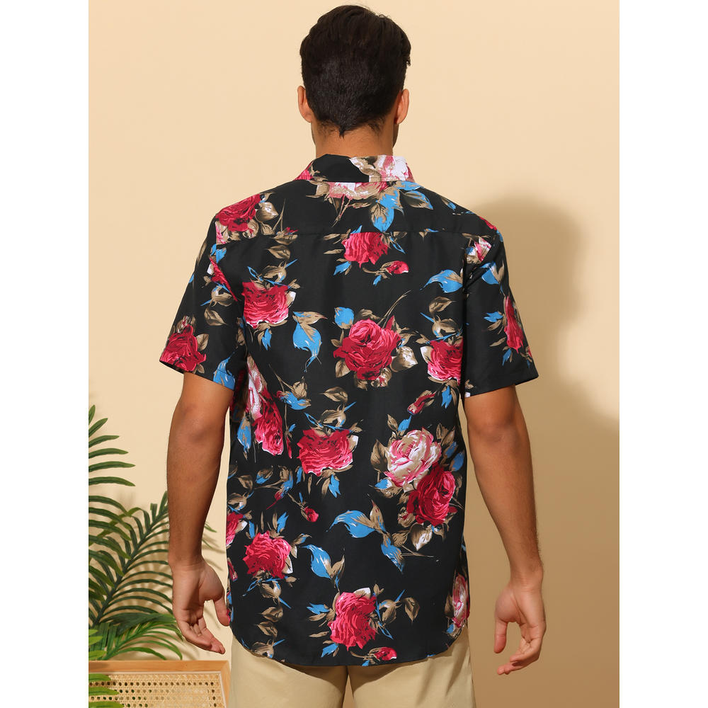 Unique Bargains Floral Printed Shirt for Men's Point Collar Short Sleeves Button Down Casual Hawaiian Shirts