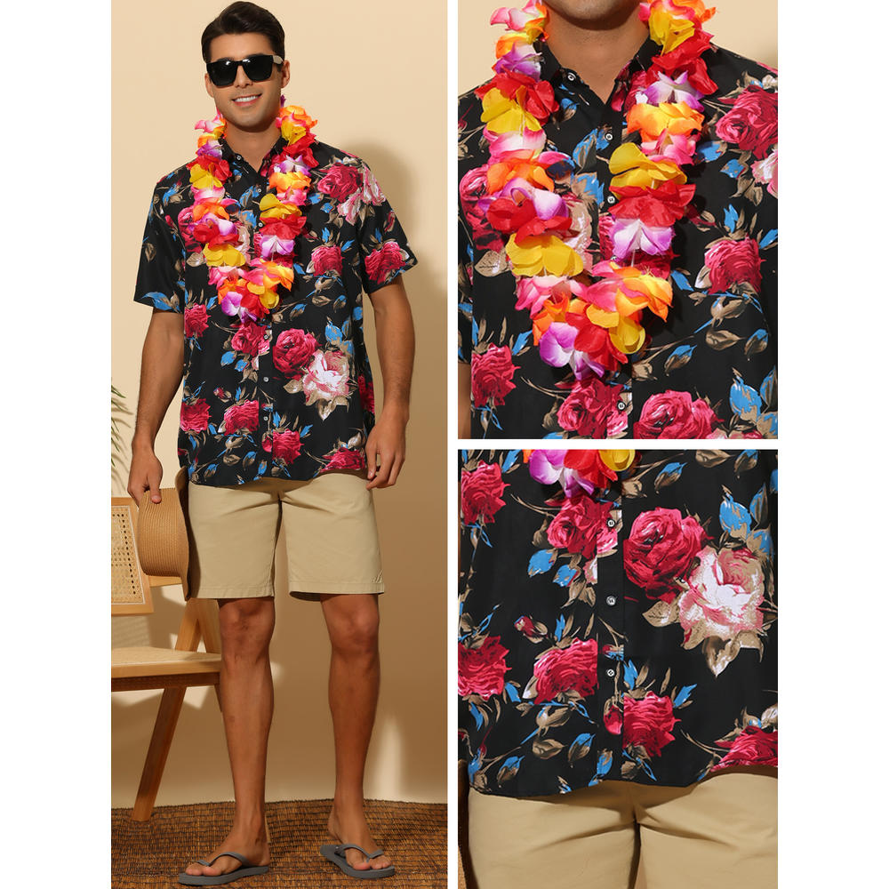 Unique Bargains Floral Printed Shirt for Men's Point Collar Short Sleeves Button Down Casual Hawaiian Shirts