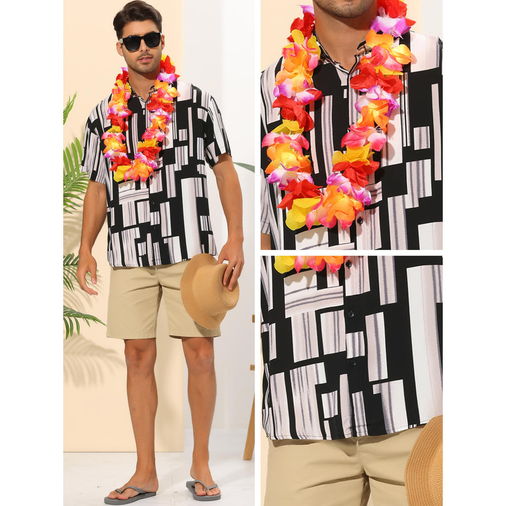 Unique Bargains Geometric Printed Shirt for Men's Summer Short Sleeves Beach Hawaiian Shirts