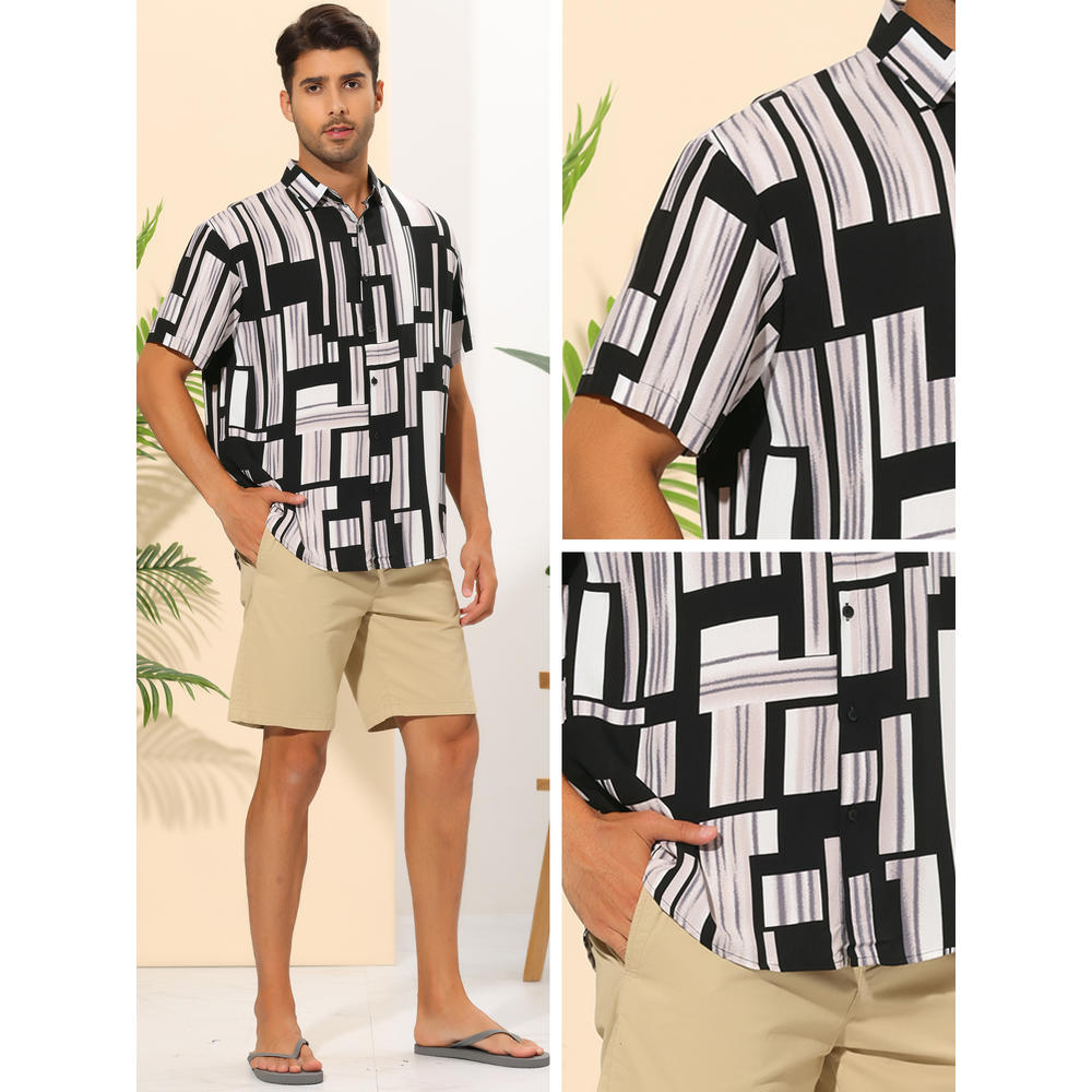 Unique Bargains Geometric Printed Shirt for Men's Summer Short Sleeves Beach Hawaiian Shirts