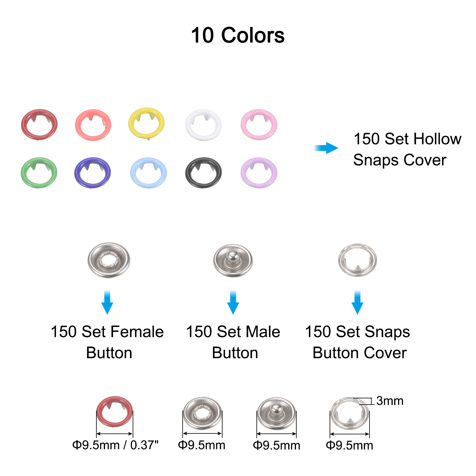 Unique Bargains 150 Sets Metal Snaps Buttons 9.5mm Hollow Snaps with Box 10 Colors