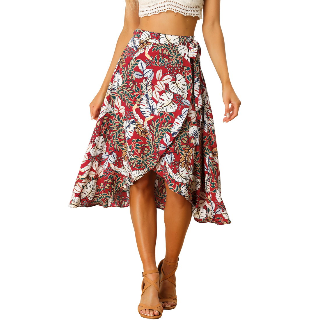 Unique Bargains Floral Skirt for Women's Hawaiian Tropical Boho Wrap Midi Skirt