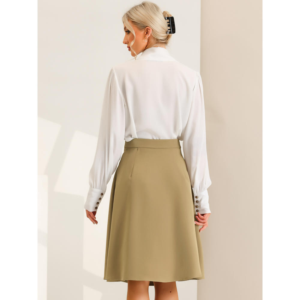 Unique Bargains Pleated Midi Skirt for Women's Button Decor High Waist Casual Office Swing Skirts