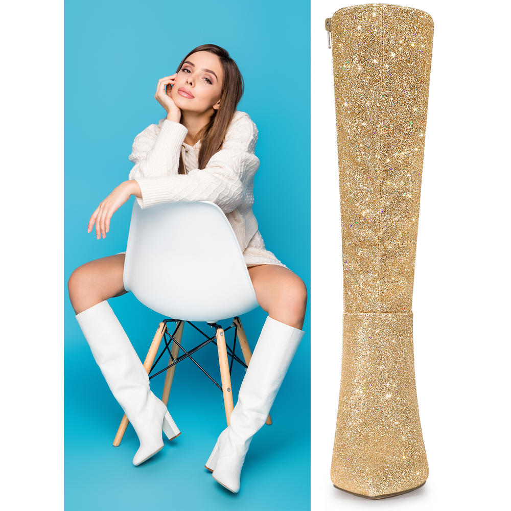 Unique Bargains Allegra K Women's Pointy Toe Sparkle Glitter Stiletto Heel Knee High Boots