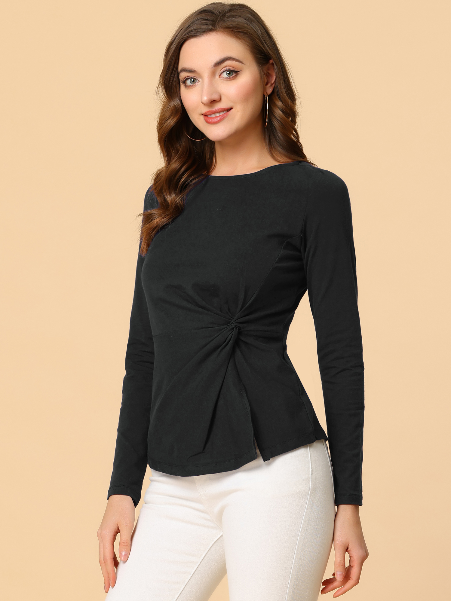 Unique Bargains Allegra K Women's Round Neck Front Twist Tops Long Sleeve Blouse Shirt