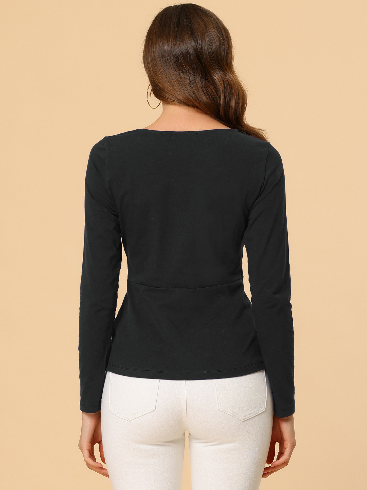 Unique Bargains Allegra K Women's Round Neck Front Twist Tops Long Sleeve Blouse Shirt