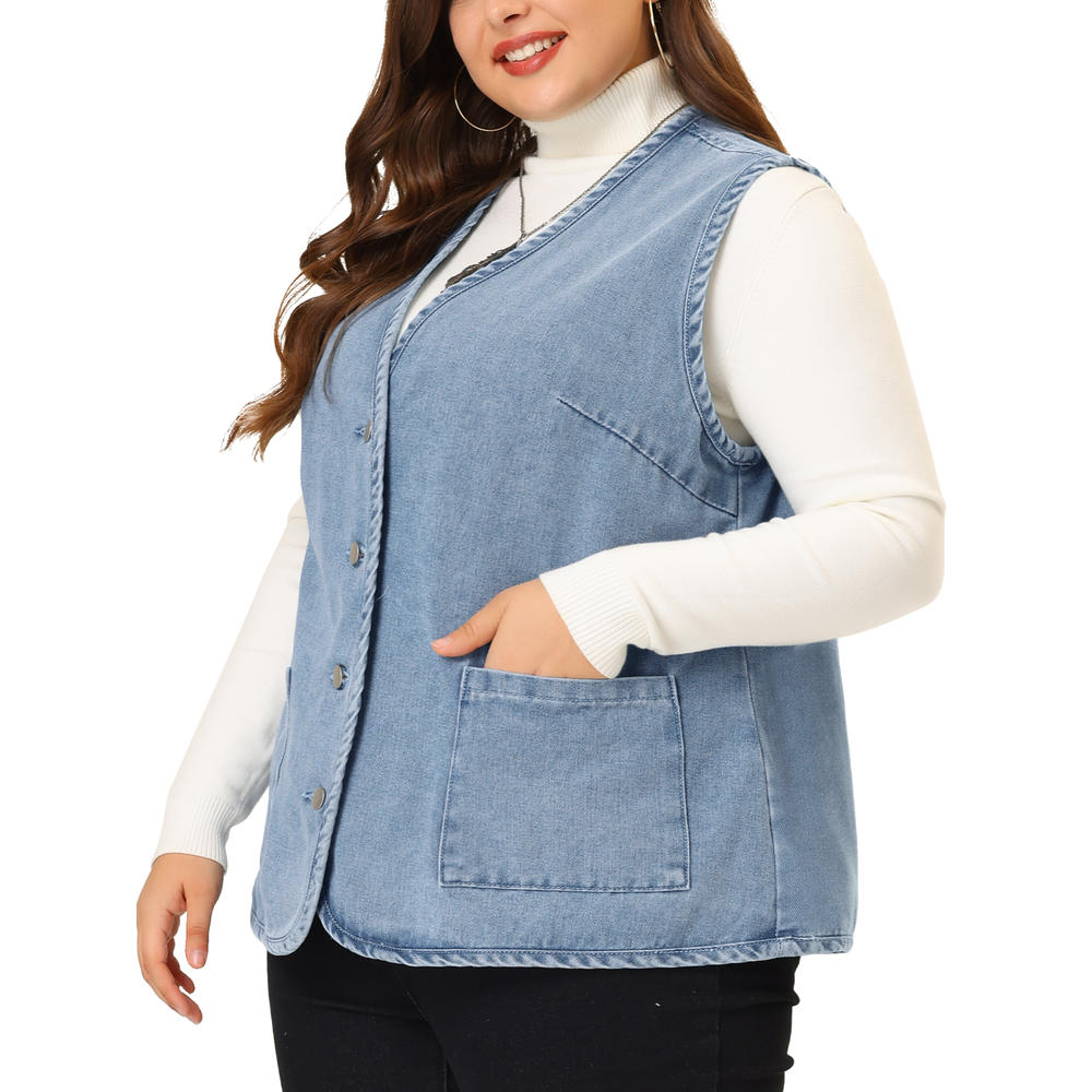 Unique Bargains Agnes Orinda Women’s Plus Size Sleeveless Button Down Jean Vests