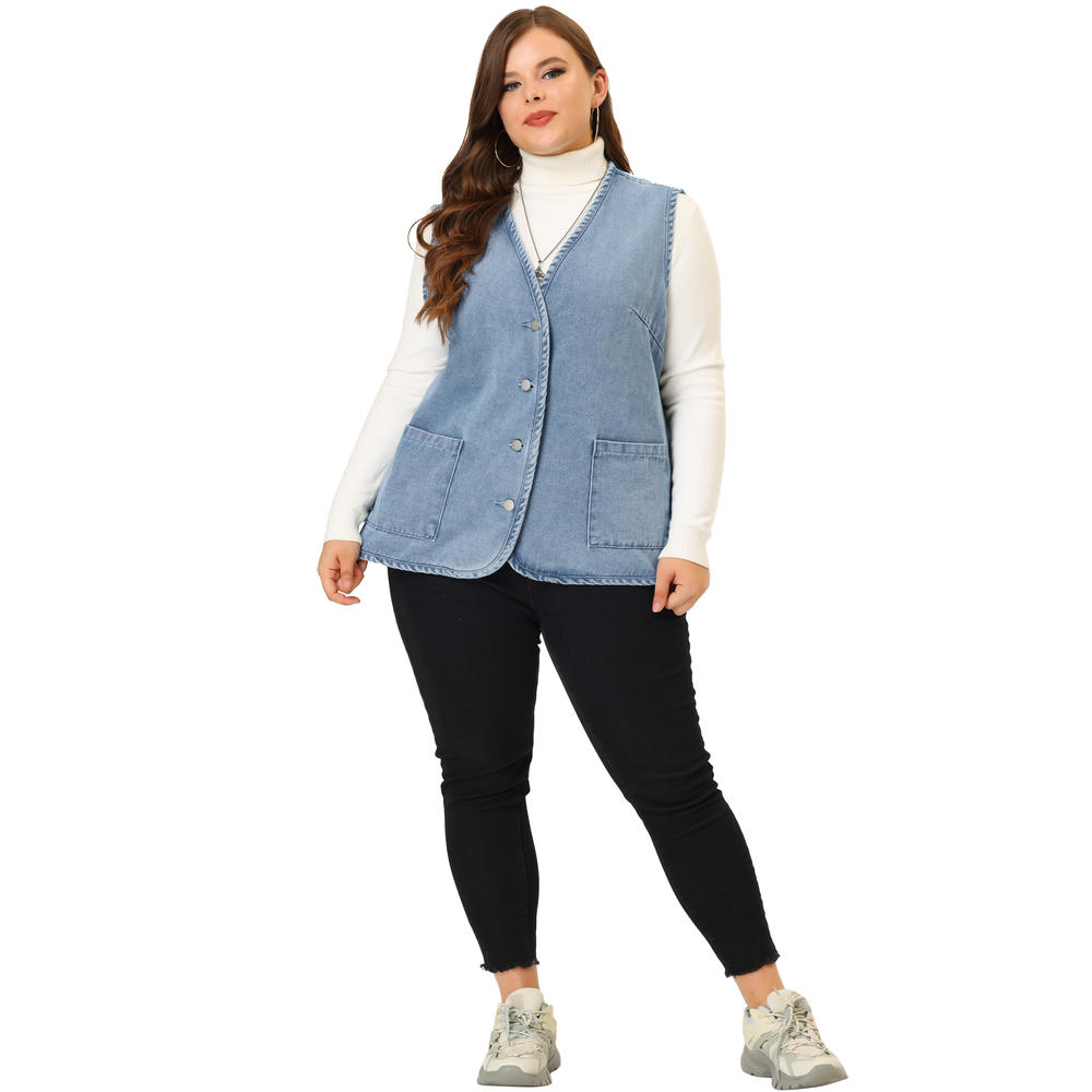 Unique Bargains Agnes Orinda Women’s Plus Size Sleeveless Button Down Jean Vests