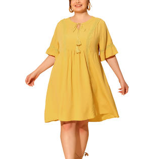 Unique Bargains Boho Dress for Women Plus Size Ruffle Short Sleeve Lace Insert V Neck Tassel Bohemian Midi Dresses Yellow 1X Unique Bargains Boho Dress for Women Plus Size Ruffle Short Sleeve Lace Insert V Neck Tassel Bohemian Midi Dresses Yellow 1X