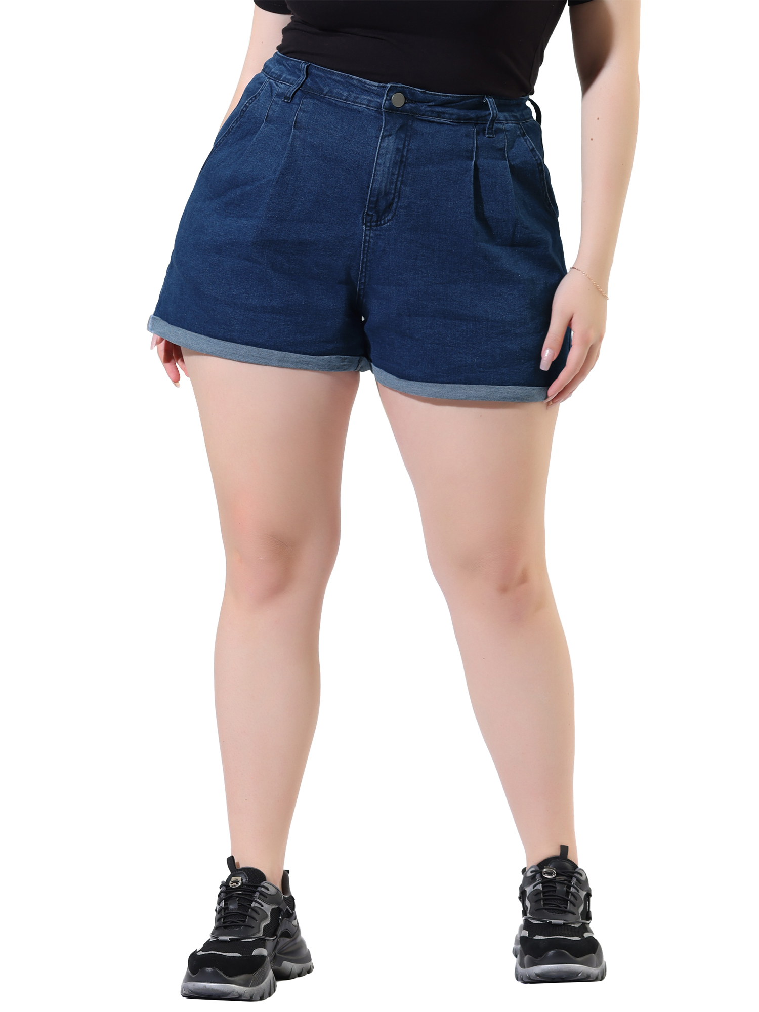 Unique Bargains Agnes Orinda Plus Size Denim Shorts for Women High Waisted Folded Hem Jean Shorts with Pockets