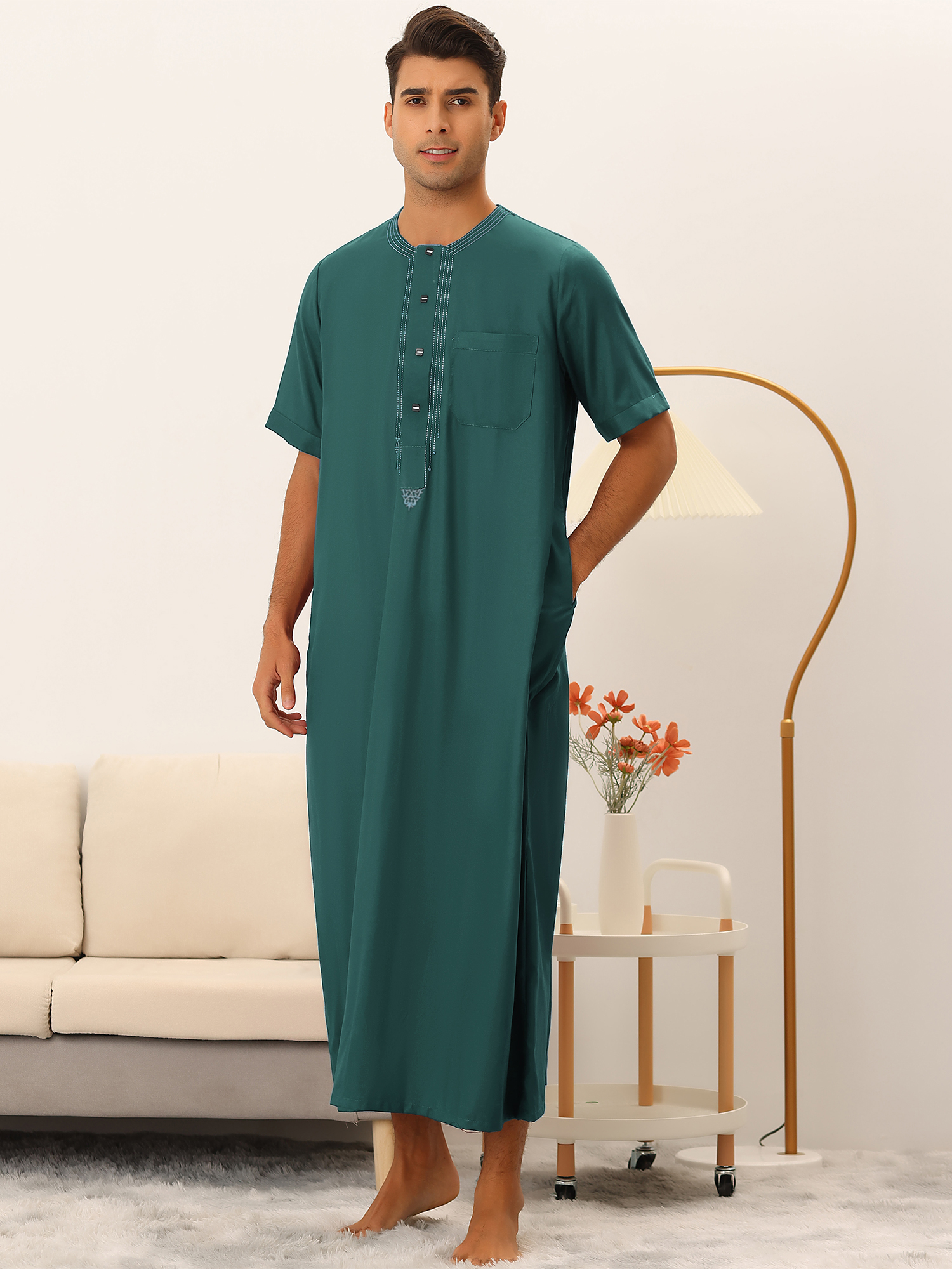 Unique Bargains Loose Fit Night Gown for Men's Solid Color Short Sleeves Button Pajamas Sleepshirt