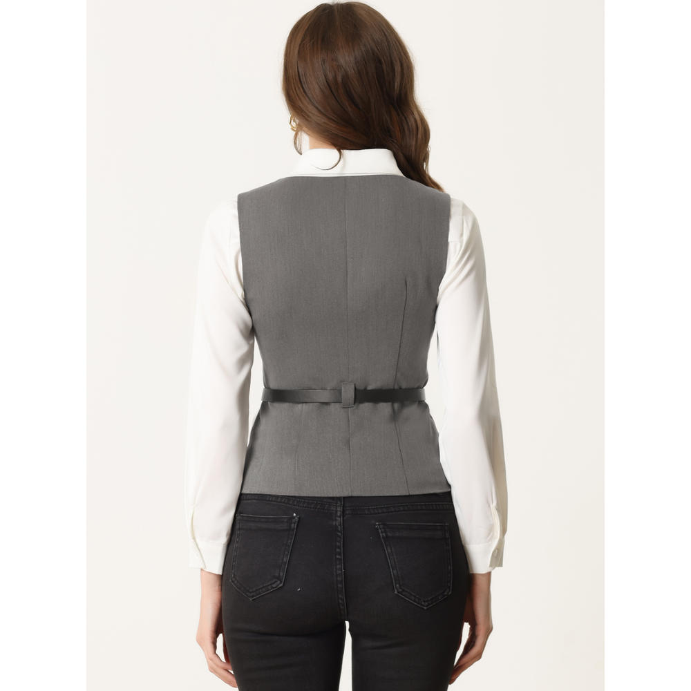 Unique Bargains Button Front Closure Vest for Women V Neck Belted Pockets
