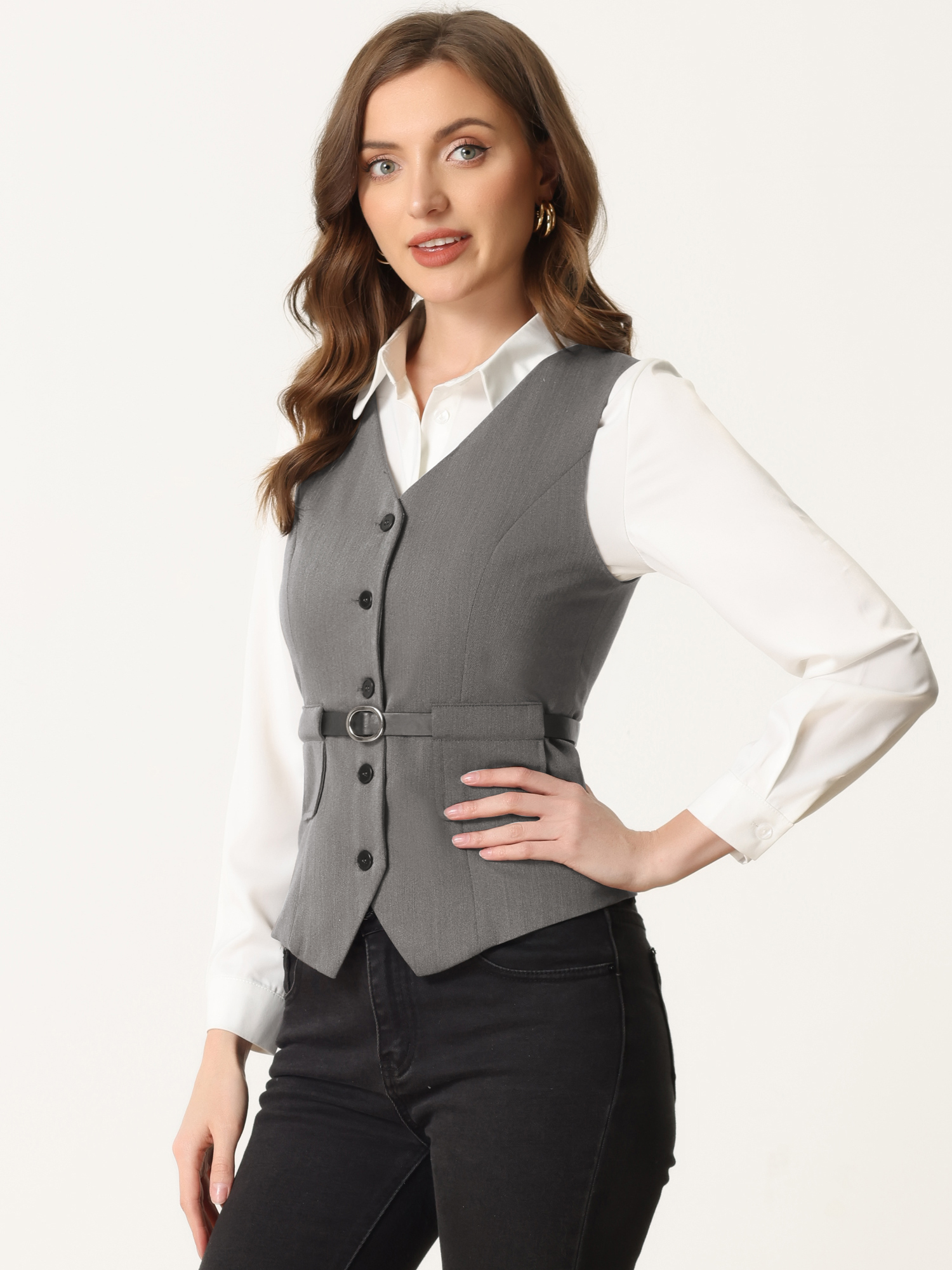 Unique Bargains Button Front Closure Vest for Women V Neck Belted Pockets