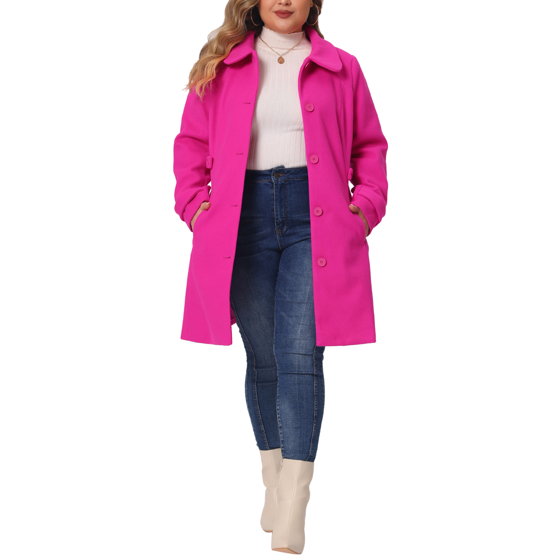 Unique Bargains Plus Size Women's Peacoat Peter Pan Collar Cuff Button Waist Single Breasted Long Wool Coats