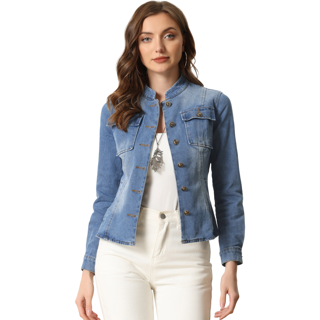 Unique Bargains Casual Denim Jacket for Women's Classic Stand Collar Long Sleeve Jean Jackets