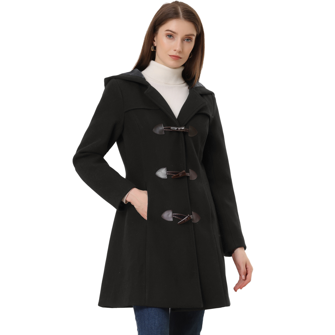 Unique Bargains Women's Hooded Toggle Button Up Duffle Coat Winter Outwear
