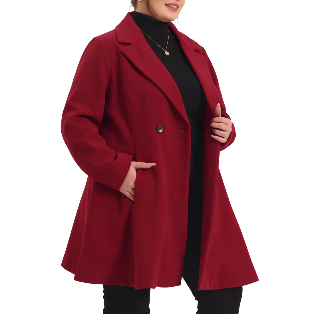 Unique Bargains Plus Size Peacoat for Women Elegant Notched Lapel Double Breasted Long Wool Trench Coat