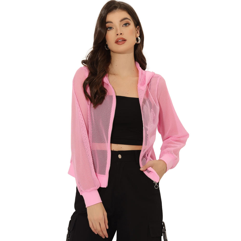 Unique Bargains Allegra K Hoodie Jacket for Women's Zip Up Long Sleeve Mesh Sheer Bomber Jackets