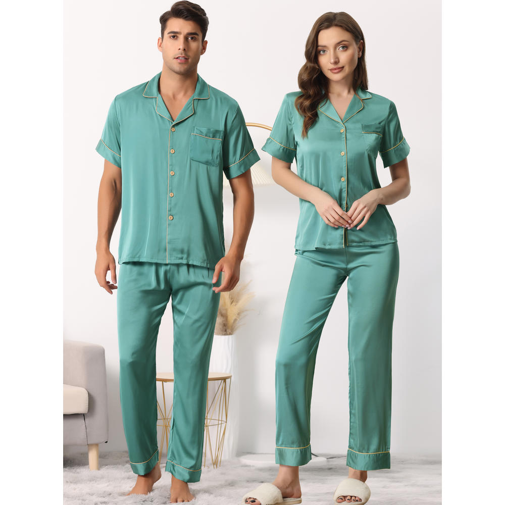 Unique Bargains Women's Satin Sleepwear Short Sleeve Button Down T-Shirt with Pants Couple Pajama Sets