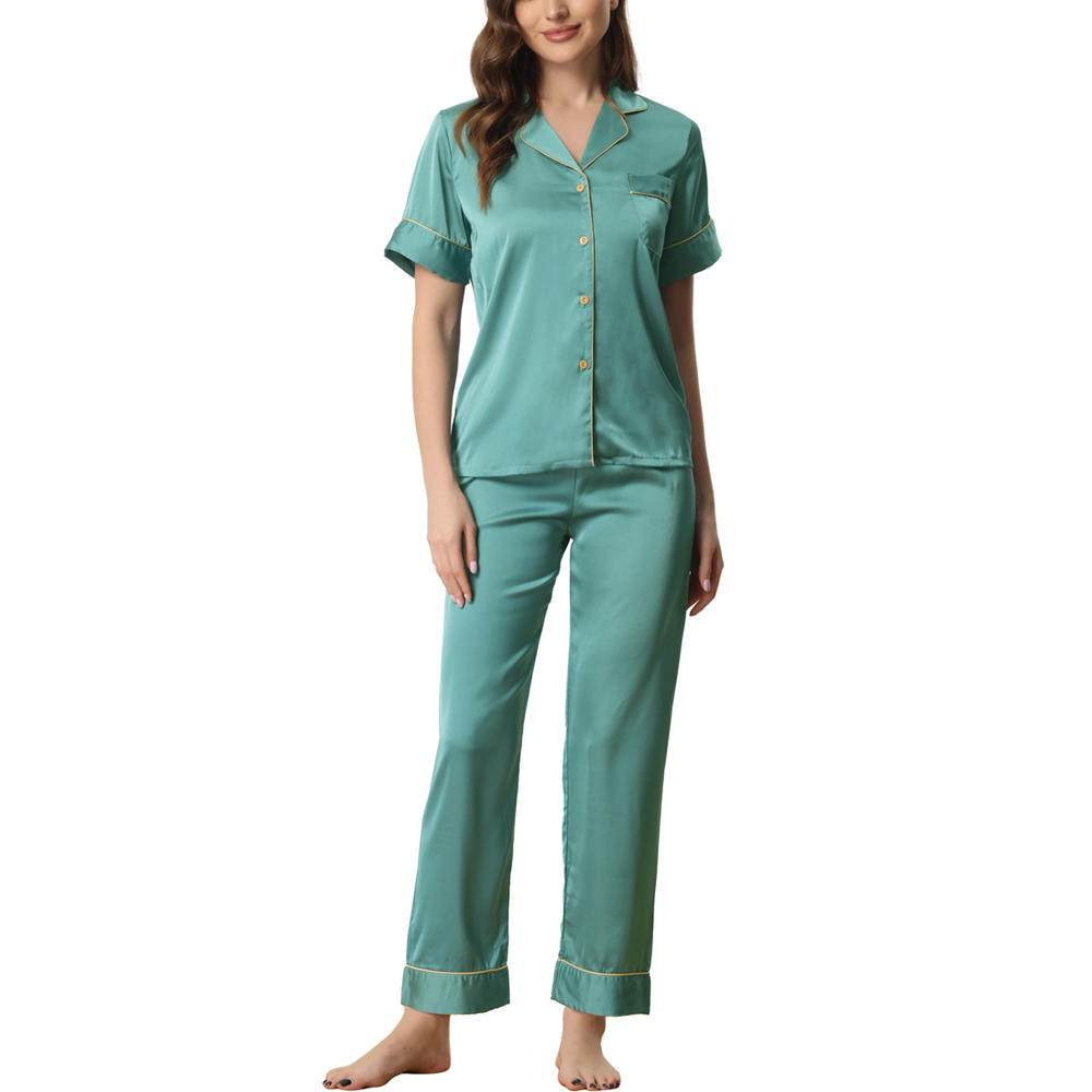 Unique Bargains Women's Satin Sleepwear Short Sleeve Button Down T-Shirt with Pants Couple Pajama Sets