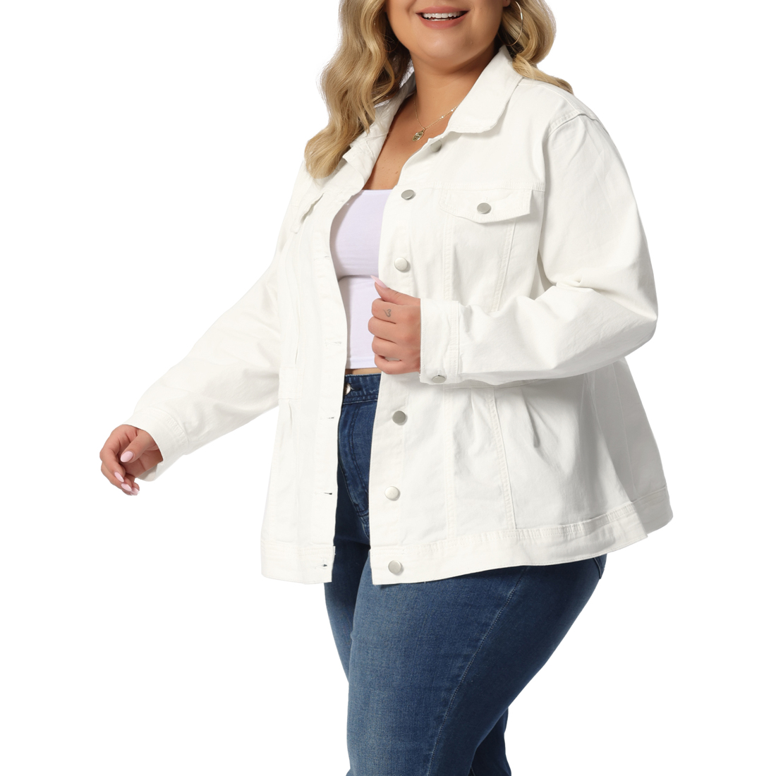 Unique Bargains Agnes Orinda Plus Size Denim Jackets for Women Classic Washed Front Jean Jacket