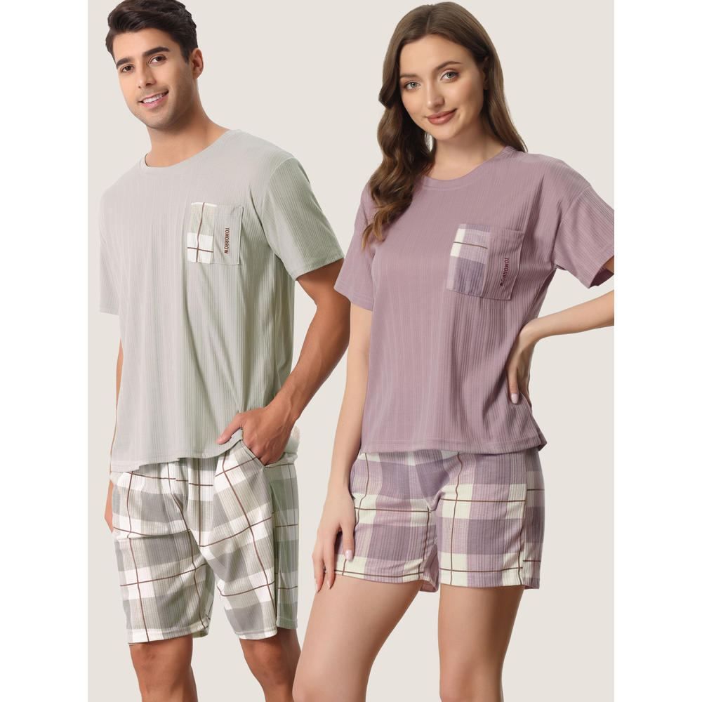 Unique Bargains Men's Sleepwear Short Sleeve T-Shirt with Shorts Plaid Couple Pajama Sets