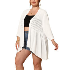 Unique Bargains Plus Size Women's 3/4 Sleeve Lace Panel High-Low Hem Cardigan Open Front Beach Summer Cover Up