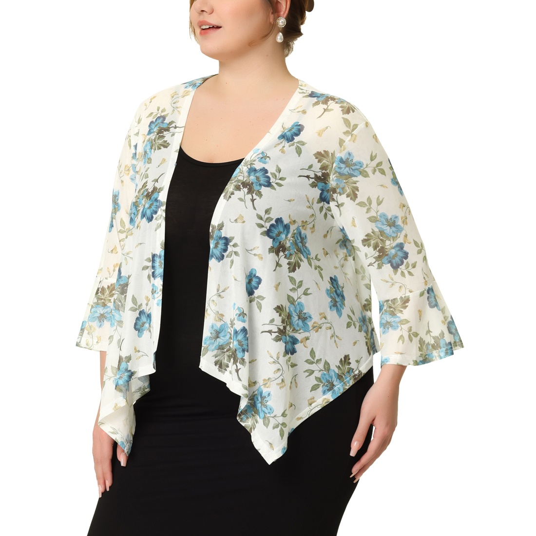 Unique Bargains Chiffon Cover Up for Women Plus Size 3/4 Sleeve Floral Printed Bikini Lightweight Summer Cardigans