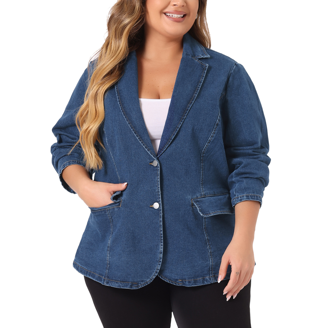 Unique Bargains Agnes Orinda Women's Plus Size Denim Jacket Notched Lapel Color Block Stretch Blazer