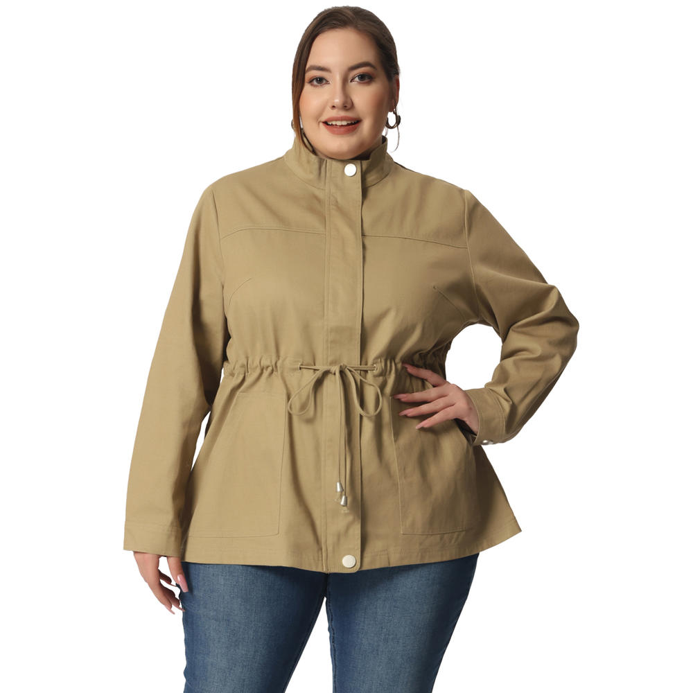 Unique Bargains Agnes Orinda Women's Plus Size Lightweight Stand Collar Drawstring Utility Jacket