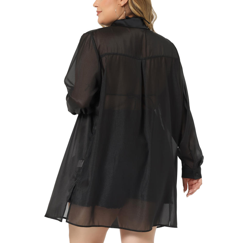 Unique Bargains Plus Size Blouse for Women Long Sleeve Button Down Black Sheer Blouses