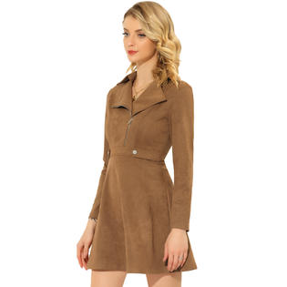 Unique Bargains Women's Faux Suede Dress Notched Collar Long Sleeve Metal Zipper Moto Dresses Brown S Unique Bargains Women's Faux Suede Dress Notched Collar Long Sleeve Metal Zipper Moto Dresses Brown S