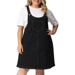 Unique Bargains Women's Plus Size Adjustable Straps Denim Bib Overall Dress Jumper with Pockets Black 1X Unique Bargains Women's Plus Size Adjustable Straps Denim Bib Overall Dress Jumper with Pockets Black 1X