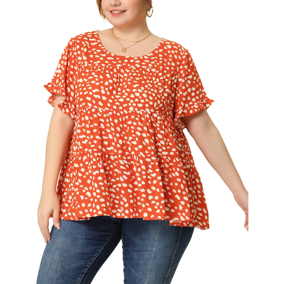 Unique Bargains Plus Size Polka Dots Blouses for Women Round Neck 3/4 Ruffle Sleeve Tiered Peplum Tops