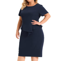 Unique Bargains Plus Size Sheath Dress for Women Short Sleeve V Neck Work Business Bodycon Pencil Dresses